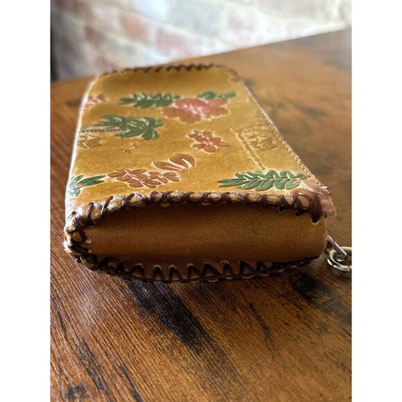 Handmade Leather Floral & Palm Tree Embossed Zipper Wristlet Wallet Vintage - Picture 3 of 16